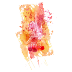 Ilustração aquarelada da Torre Eiffel com manchas coloridas em tons de laranja e rosa, acompanhada da palavra "PARIS" em destaque. Ideal para representar a emblemática capital da França em materiais de viagem e turismo.