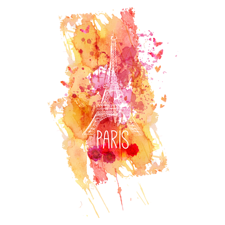 Ilustração aquarelada da Torre Eiffel com manchas coloridas em tons de laranja e rosa, acompanhada da palavra "PARIS" em destaque. Ideal para representar a emblemática capital da França em materiais de viagem e turismo.