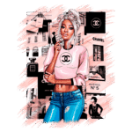 Ilustração de uma mulher estilosa vestindo um suéter rosa com o logo da Chanel, posando de forma confiante. O fundo apresenta elementos icônicos da marca, como frascos de perfume e logotipos, em um design moderno e vibrante.