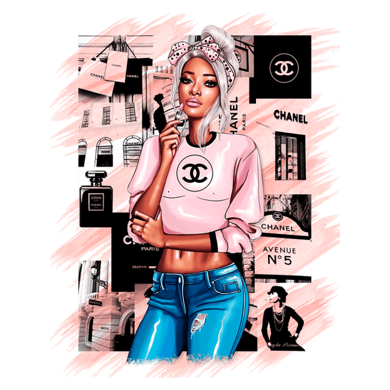 Ilustração de uma mulher estilosa vestindo um suéter rosa com o logo da Chanel, posando de forma confiante. O fundo apresenta elementos icônicos da marca, como frascos de perfume e logotipos, em um design moderno e vibrante.