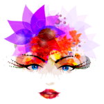Ilustração artística de um rosto feminino com olhos azuis, adornado com uma explosão de flores e cores vibrantes, incluindo tons de rosa, vermelho e amarelo, criando um efeito visual atraente e contemporâneo.
