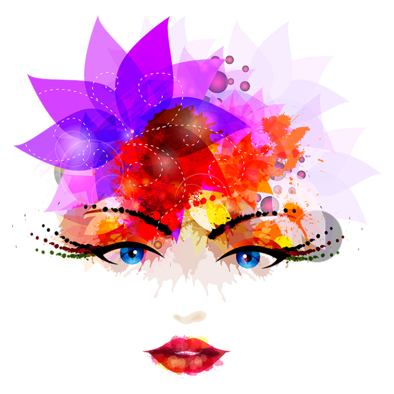 Ilustração artística de um rosto feminino com olhos azuis, adornado com uma explosão de flores e cores vibrantes, incluindo tons de rosa, vermelho e amarelo, criando um efeito visual atraente e contemporâneo.