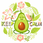 Ilustração de um abacate sorridente meditando em meio a flores e folhas, com a frase "KEEP CALM" destacada, simbolizando tranquilidade e bem-estar.