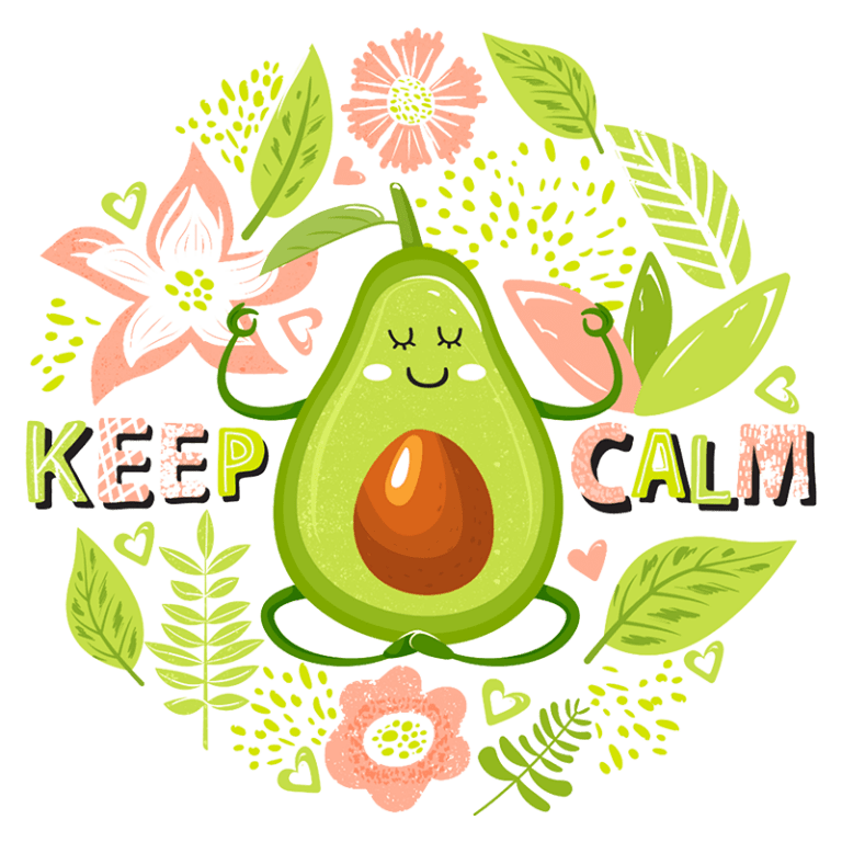 Ilustração de um abacate sorridente meditando em meio a flores e folhas, com a frase "KEEP CALM" destacada, simbolizando tranquilidade e bem-estar.