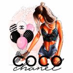Ilustração de uma mulher estilosa segurando balões com padrões em preto e rosa, vestindo uma lingerie delicada e shorts jeans, com a marca Coco Chanel destacada abaixo.