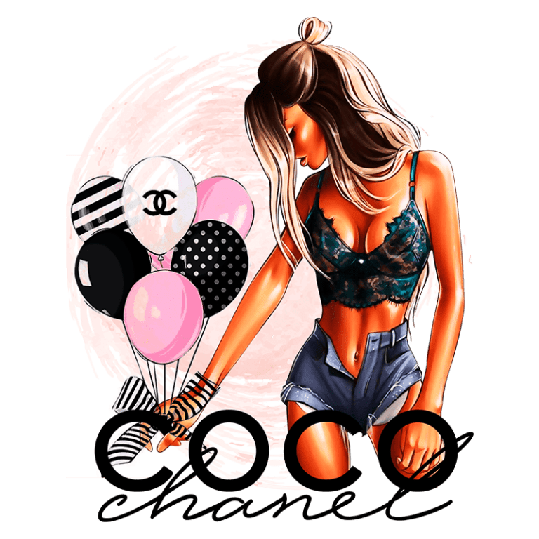 Ilustração de uma mulher estilosa segurando balões com padrões em preto e rosa, vestindo uma lingerie delicada e shorts jeans, com a marca Coco Chanel destacada abaixo.