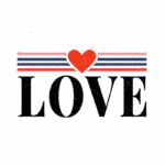 Ilustração com a palavra "LOVE" em letras grandes e negrito, acompanhada de um coração vermelho e listras coloridas na parte superior, simbolizando o amor e a diversidade.