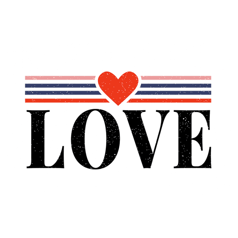 Ilustração com a palavra "LOVE" em letras grandes e negrito, acompanhada de um coração vermelho e listras coloridas na parte superior, simbolizando o amor e a diversidade.