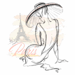 Ilustração de uma figura feminina estilizada usando um chapéu grande, com a Torre Eiffel ao fundo e a palavra "Paris" destacada. Design elegante que evoca o charme e a moda da cidade francesa.