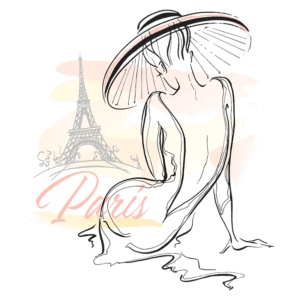Ilustração de uma figura feminina estilizada usando um chapéu grande, com a Torre Eiffel ao fundo e a palavra "Paris" destacada. Design elegante que evoca o charme e a moda da cidade francesa.