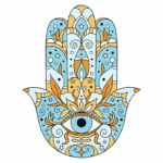 Imagem colorida de uma mão estilizada com detalhes decorativos em azul e dourado, incluindo um olho no centro, simbolizando proteção e boa sorte. Ideal para temas de espiritualidade e cultura.