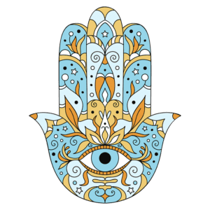 Imagem colorida de uma mão estilizada com detalhes decorativos em azul e dourado, incluindo um olho no centro, simbolizando proteção e boa sorte. Ideal para temas de espiritualidade e cultura.