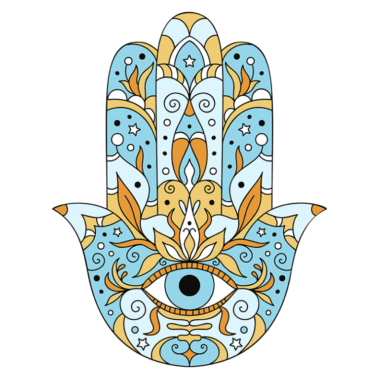 Imagem colorida de uma mão estilizada com detalhes decorativos em azul e dourado, incluindo um olho no centro, simbolizando proteção e boa sorte. Ideal para temas de espiritualidade e cultura.