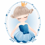 Ilustração de uma menina em um vestido azul com saia de tule, usando uma coroa dourada e com cabelo loiro em tranças. Fundo em tons suaves com detalhes em folhas.