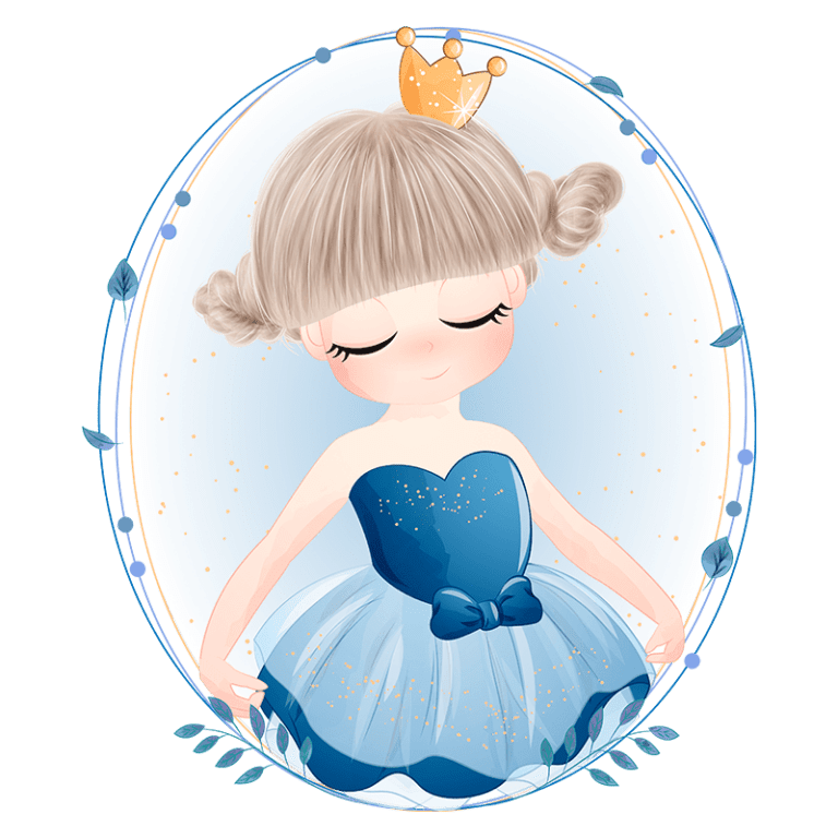 Ilustração de uma menina em um vestido azul com saia de tule, usando uma coroa dourada e com cabelo loiro em tranças. Fundo em tons suaves com detalhes em folhas.