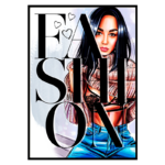 Imagem de uma ilustração estilizada de uma mulher com cabelo longo e liso, usando um top e uma jaqueta de pele. O fundo apresenta a palavra "FASHION" em letras grandes e ousadas, com elementos decorativos como corações. A arte destaca a moda contemporânea e o estilo pessoal.