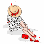 Ilustração de uma mulher sentada, usando um vestido branco com bolinhas pretas e um chapéu de palha com laço vermelho. Ela completa o look com sapatos vermelhos e uma bolsa pequena vermelha, destacando um estilo elegante e moderno. Fundo verde com detalhes em vermelho.
