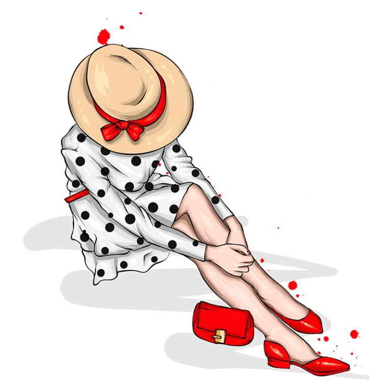 Ilustração de uma mulher sentada, usando um vestido branco com bolinhas pretas e um chapéu de palha com laço vermelho. Ela completa o look com sapatos vermelhos e uma bolsa pequena vermelha, destacando um estilo elegante e moderno. Fundo verde com detalhes em vermelho.