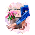 Imagem estilizada de uma mulher usando jeans rasgados e sapatos de salto, segurando uma bolsa com flores rosa. O texto "Autêntica" está em destaque, refletindo um estilo moderno e feminino. Ideal para temas de moda e empoderamento.
