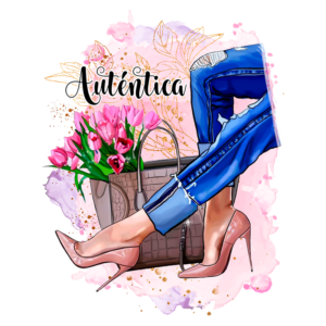 Imagem estilizada de uma mulher usando jeans rasgados e sapatos de salto, segurando uma bolsa com flores rosa. O texto "Autêntica" está em destaque, refletindo um estilo moderno e feminino. Ideal para temas de moda e empoderamento.