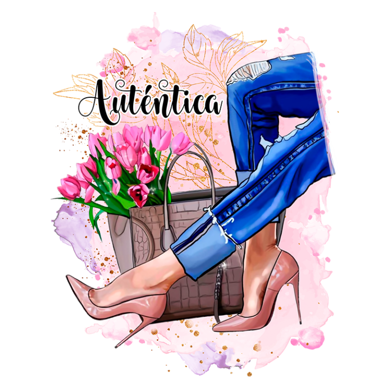 Imagem estilizada de uma mulher usando jeans rasgados e sapatos de salto, segurando uma bolsa com flores rosa. O texto "Autêntica" está em destaque, refletindo um estilo moderno e feminino. Ideal para temas de moda e empoderamento.