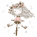 Ilustração de uma menina alegre montando uma bicicleta, com cabelos longos e soltos, adornada com flores na cabeça. Ela usa uma blusa rosa e shorts, enquanto flores e folhas decoram o fundo.