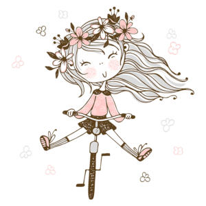 Ilustração de uma menina alegre montando uma bicicleta, com cabelos longos e soltos, adornada com flores na cabeça. Ela usa uma blusa rosa e shorts, enquanto flores e folhas decoram o fundo.