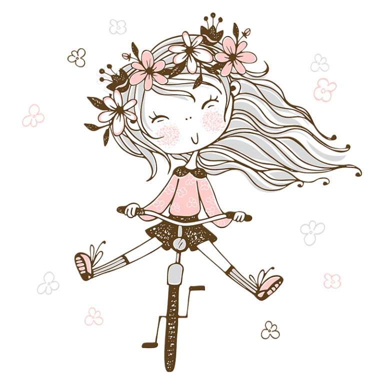 Ilustração de uma menina alegre montando uma bicicleta, com cabelos longos e soltos, adornada com flores na cabeça. Ela usa uma blusa rosa e shorts, enquanto flores e folhas decoram o fundo.