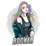Ilustração de uma mulher com cabelo colorido em estilo rocker, usando jaqueta com spikes e camiseta preta com a palavra "ROCK". Fundo com efeito circular em tons neutros. Ideal para temas de música e cultura rock.