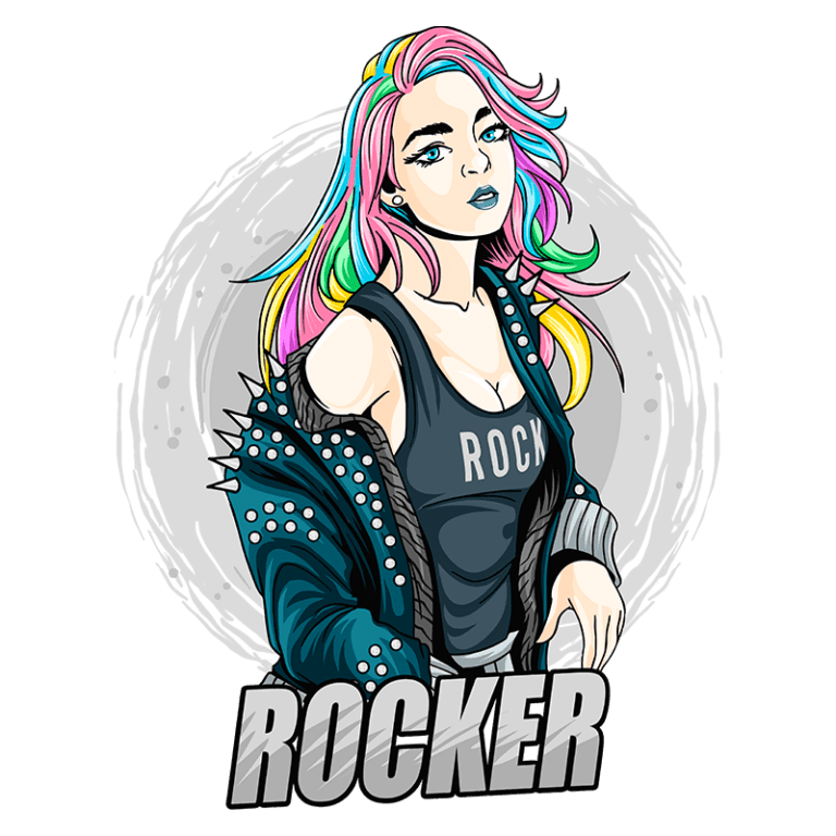 Ilustração de uma mulher com cabelo colorido em estilo rocker, usando jaqueta com spikes e camiseta preta com a palavra "ROCK". Fundo com efeito circular em tons neutros. Ideal para temas de música e cultura rock.