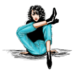 Ilustração de uma mulher com cabelo encaracolado, usando uma blusa preta e calças jeans azuis, sentada em uma posição estilizada, com botas pretas de salto alto. O fundo é verde, destacando a pose e o estilo da personagem.