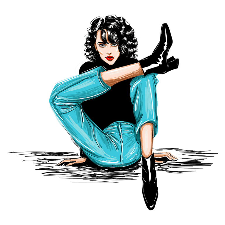 Ilustração de uma mulher com cabelo encaracolado, usando uma blusa preta e calças jeans azuis, sentada em uma posição estilizada, com botas pretas de salto alto. O fundo é verde, destacando a pose e o estilo da personagem.