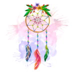 Imagem de um sonho encantado em aquarela, apresentando um círculo decorado com penas coloridas e um fundo vibrante em tons de rosa e azul. Ideal para simbolizar proteção e espiritualidade.