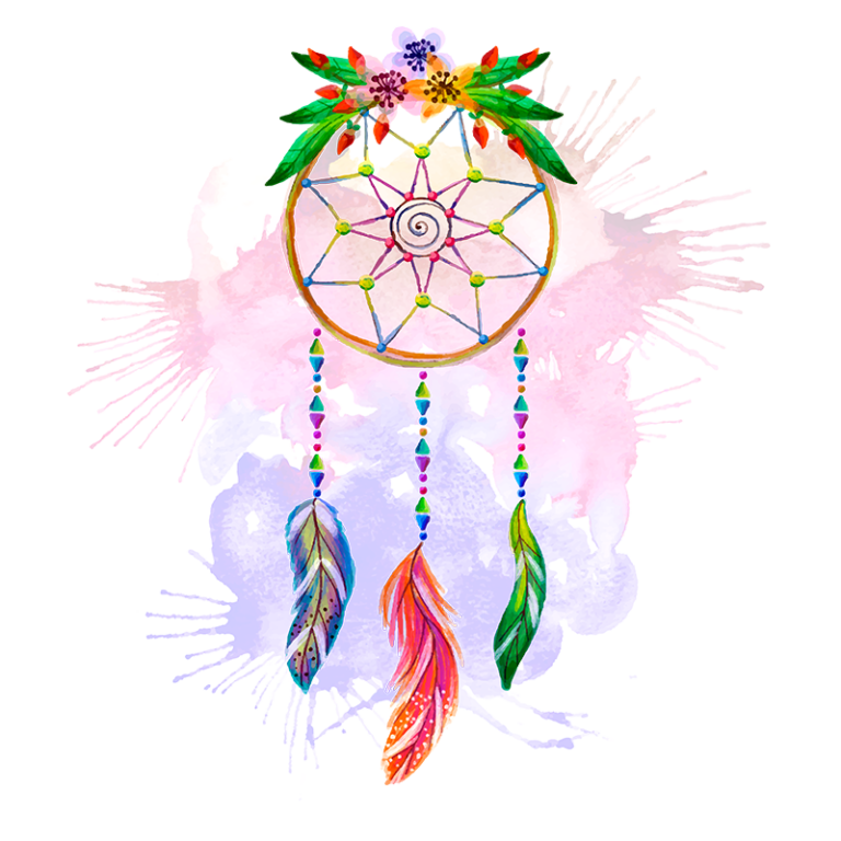 Imagem de um sonho encantado em aquarela, apresentando um círculo decorado com penas coloridas e um fundo vibrante em tons de rosa e azul. Ideal para simbolizar proteção e espiritualidade.