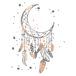 Ilustração de uma lua crescente decorada com penas e elementos geométricos, em tons de dourado e preto, sobre um fundo verde. Ideal para temas de espiritualidade e arte boho.