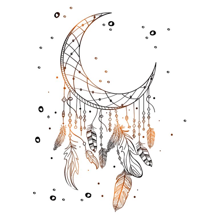 Ilustração de uma lua crescente decorada com penas e elementos geométricos, em tons de dourado e preto, sobre um fundo verde. Ideal para temas de espiritualidade e arte boho.