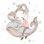 Ilustração de uma menina com flores no cabelo, sentada em cima de uma baleia, cercada por estrelas. A menina está com uma expressão sonhadora, vestindo uma blusa rosa e calças listradas. A imagem transmite uma atmosfera lúdica e encantadora.
