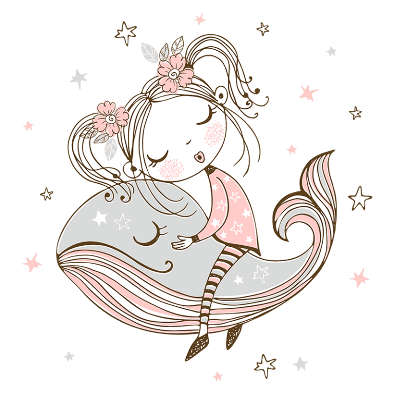 Ilustração de uma menina com flores no cabelo, sentada em cima de uma baleia, cercada por estrelas. A menina está com uma expressão sonhadora, vestindo uma blusa rosa e calças listradas. A imagem transmite uma atmosfera lúdica e encantadora.