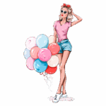 Mulher estilosa com cabelo ondulado, usando camiseta rosa e shorts jeans, segurando um buquê de balões coloridos em tons pastel. Ideal para ilustrações de festas e celebrações.