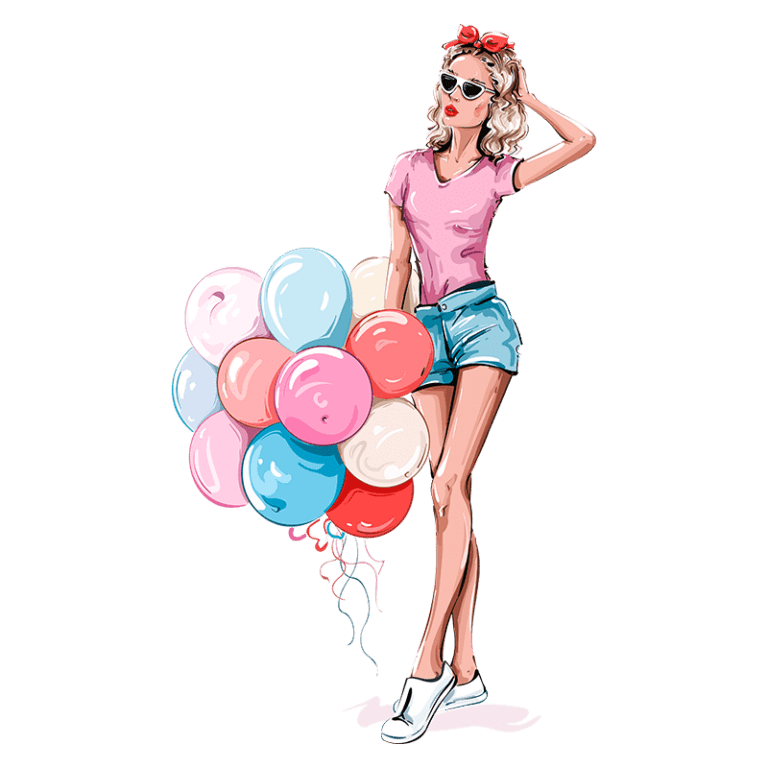 Mulher estilosa com cabelo ondulado, usando camiseta rosa e shorts jeans, segurando um buquê de balões coloridos em tons pastel. Ideal para ilustrações de festas e celebrações.