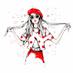 Ilustração de uma jovem estilosa com cabelo longo e liso, usando uma blusa branca com bolinhas vermelhas e uma saia vermelha. Ela usa um chapéu vermelho e óculos escuros, segurando suas longas madeixas. O fundo contém manchas de tinta em tons suaves. Ideal para conteúdo sobre moda e estilo.