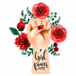 Ilustração de um punho erguido com a inscrição "Girl Power", cercado por flores vermelhas e verdes, simbolizando empoderamento feminino e força.