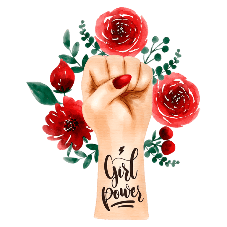 Ilustração de um punho erguido com a inscrição "Girl Power", cercado por flores vermelhas e verdes, simbolizando empoderamento feminino e força.
