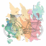 Ilustração de uma bicicleta com cesto, destacando-se sobre um fundo colorido com manchas de tinta em tons vibrantes. Ideal para representar temas de sustentabilidade, mobilidade urbana e estilo de vida ativo.