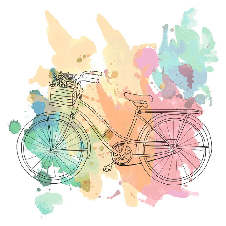 Ilustração de uma bicicleta com cesto, destacando-se sobre um fundo colorido com manchas de tinta em tons vibrantes. Ideal para representar temas de sustentabilidade, mobilidade urbana e estilo de vida ativo.