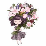 Ilustração de uma menina com cabelo cacheado e vestido preto, segurando um grande buquê de flores coloridas, incluindo lírios, rosas e outras flores, em um fundo verde. Ideal para temas de flores, natureza e arte infantil.