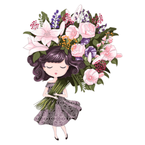 Ilustração de uma menina com cabelo cacheado e vestido preto, segurando um grande buquê de flores coloridas, incluindo lírios, rosas e outras flores, em um fundo verde. Ideal para temas de flores, natureza e arte infantil.