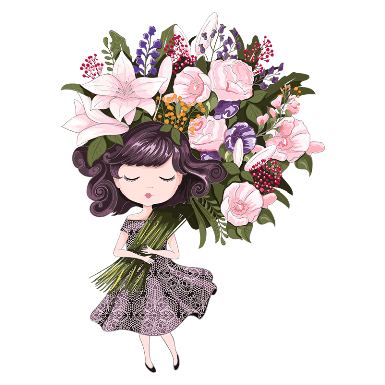 Ilustração de uma menina com cabelo cacheado e vestido preto, segurando um grande buquê de flores coloridas, incluindo lírios, rosas e outras flores, em um fundo verde. Ideal para temas de flores, natureza e arte infantil.