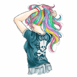 Ilustração de uma jovem com cabelos coloridos em tons de rosa, azul e verde, vestindo uma camiseta com estampa de caveira e a palavra "Rock". Ela está puxando o cabelo para cima, destacando seu estilo ousado e alternativo. Fundo transparente.