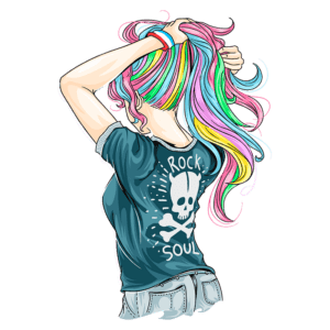 Ilustração de uma jovem com cabelos coloridos em tons de rosa, azul e verde, vestindo uma camiseta com estampa de caveira e a palavra "Rock". Ela está puxando o cabelo para cima, destacando seu estilo ousado e alternativo. Fundo transparente.